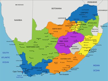 Renkli Güney Afrika politik haritası açık bir şekilde etiketlenmiş, ayrılmış katmanlarla. Vektör illüstrasyonu.