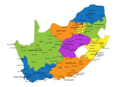 Renkli Güney Afrika politik haritası açık bir şekilde etiketlenmiş, ayrılmış katmanlarla. Vektör illüstrasyonu.