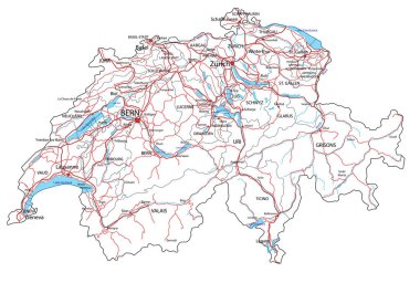 İsviçre yolu ve otoyol haritası. Vektör illüstrasyonu.