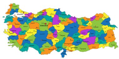 Açık bir şekilde etiketlenmiş, ayrık katmanlı renkli Türkiye siyasi haritası. Vektör illüstrasyonu.