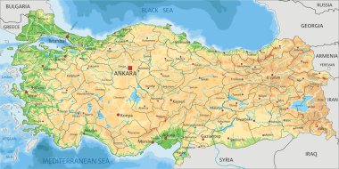 Etiketli yüksek ayrıntılı Türkiye fiziksel haritası.