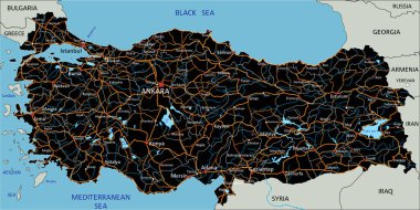 Etiketli yüksek ayrıntılı Türkiye yol haritası.