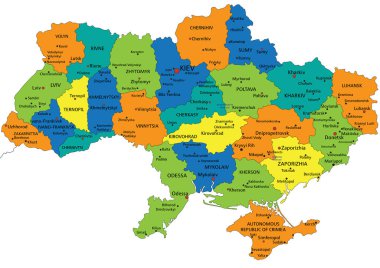 Renkli Ukrayna siyasi haritası açık bir şekilde etiketlenmiş, ayrılmış katmanlarla. Vektör illüstrasyonu.
