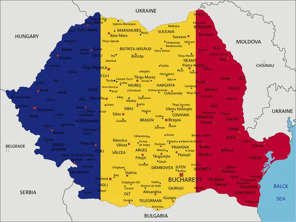 ルーマニアは非常に詳細な政治地図を持っており 国旗は白地に孤立している — ストックベクタ