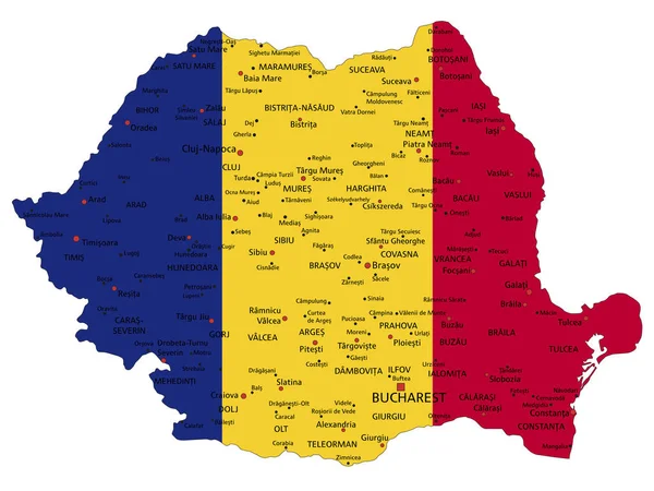 Rumunsko Velmi Podrobná Politická Mapa Národní Vlajkou Izolované Bílém Pozadí — Stockový vektor