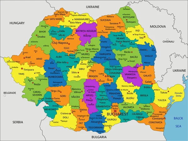 Carte Politique Roumaine Colorée Avec Des Couches Clairement Étiquetées Séparées — Image vectorielle