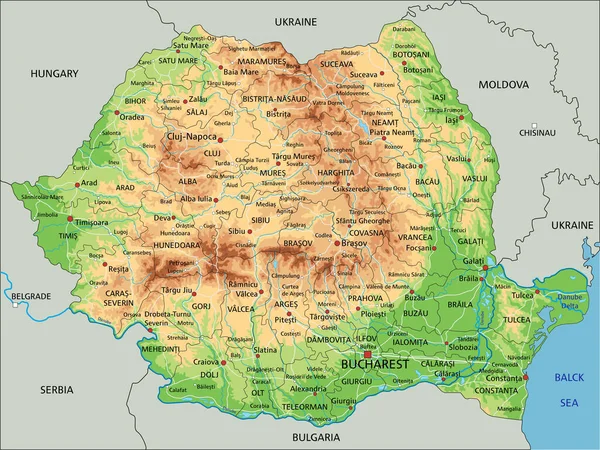 Hoch Detaillierte Physische Karte Rumäniens Mit Beschriftung — Stockvektor