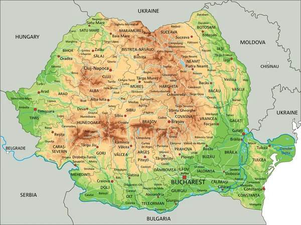 Hög Detaljerad Rumänien Fysisk Karta Med Märkning — Stock vektor
