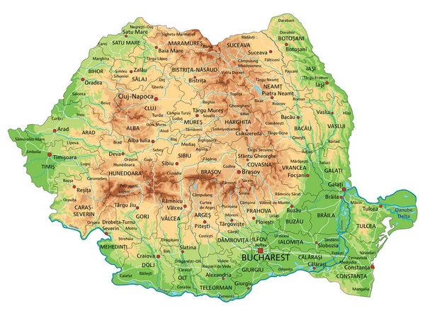 ラベル付きの高詳細ルーマニア物理地図 — ストックベクタ