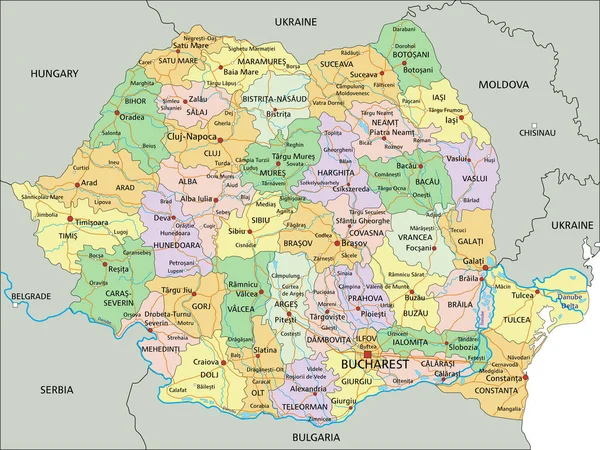 Rumania Mapa Político Editable Altamente Detallado Con Etiquetado — Archivo Imágenes Vectoriales