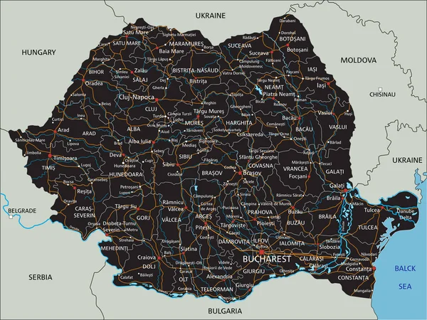 Velmi Podrobná Mapa Rumunska Označením — Stockový vektor