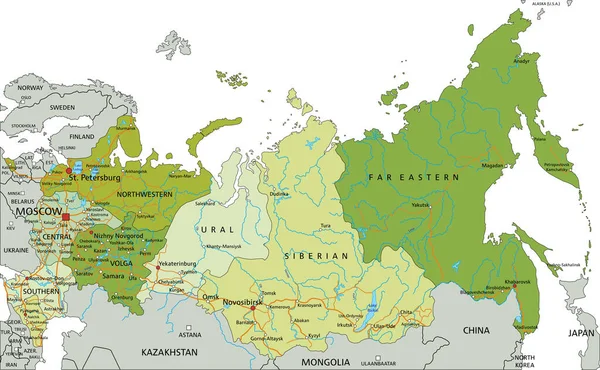 Εξαιρετικά Λεπτομερής Επεξεργάσιμος Πολιτικός Χάρτης Ξεχωριστά Στρώματα Ρωσία — Διανυσματικό Αρχείο