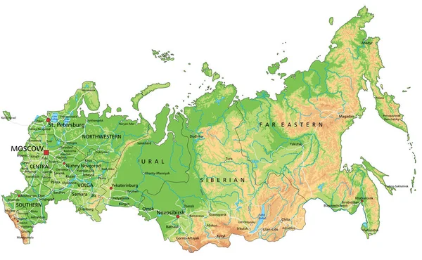 Wysoka Szczegółowa Mapa Fizyczna Rosji Etykietowaniem — Wektor stockowy