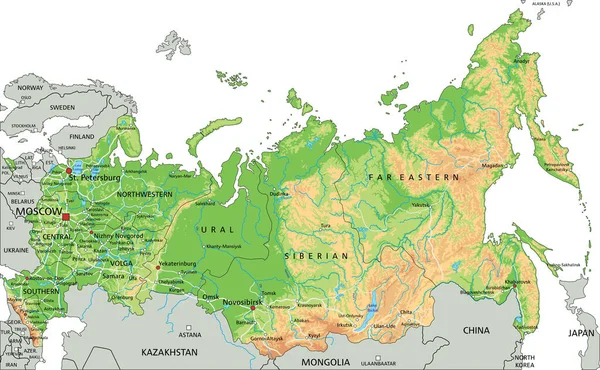 高度详细的带有标签的俄罗斯物理地图 — 图库矢量图片