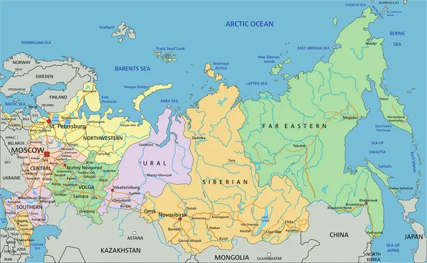 Russia Mappa Politica Altamente Dettagliata Modificabile Con Etichettatura — Vettoriale Stock