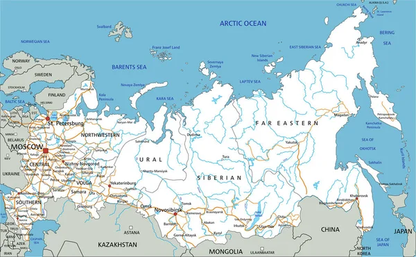 Mapa Estrada Rússia Detalhado Alto Com Rotulagem — Vetor de Stock