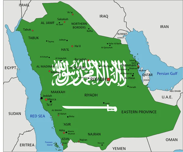 Saoedi Arabië Zeer Gedetailleerde Politieke Kaart Met Nationale Vlag Geïsoleerd — Stockvector
