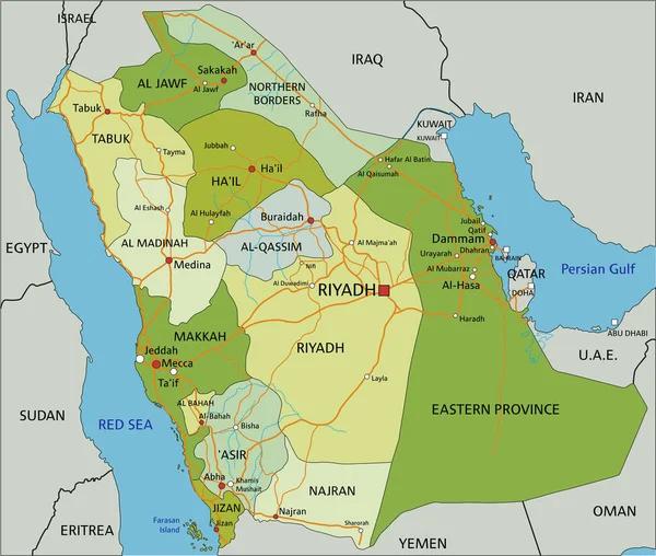 高度详细的可编辑政治地图与分离层 沙特阿拉伯 — 图库矢量图片