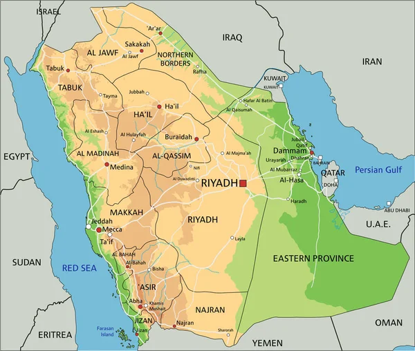 ラベル付きの高詳細サウジアラビア物理的な地図 — ストックベクタ