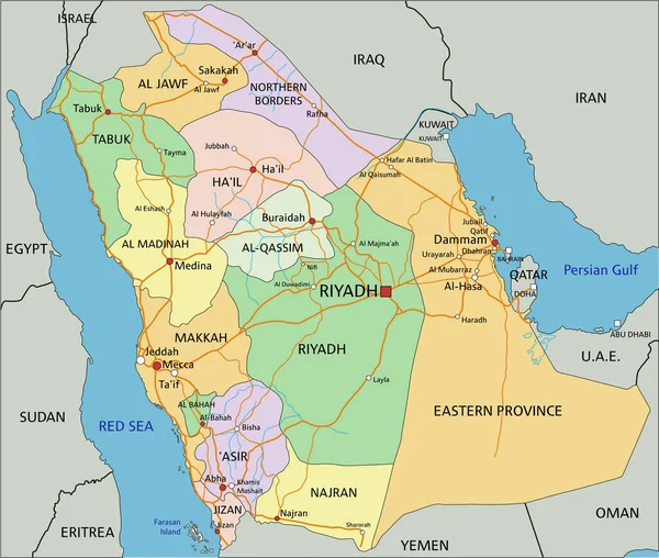 サウジアラビア ラベル付けと高度に詳細な編集可能な政治地図 — ストックベクタ