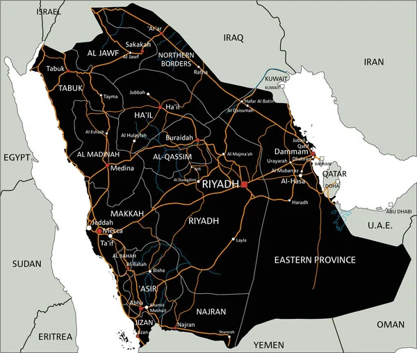 Carte Routière Détaillée Arabie Saoudite Avec Étiquetage — Image vectorielle