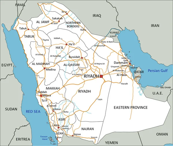 ラベル付きの高詳細サウジアラビア道路地図 — ストックベクタ