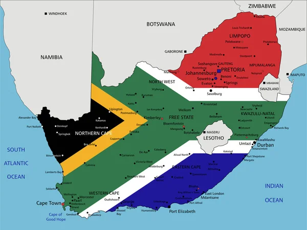 Südafrikas Hochdetaillierte Politische Landkarte Mit Nationalflagge — Stockvektor