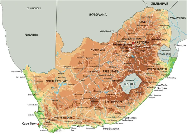 Hoch Detaillierte Physische Karte Südafrikas Mit Beschriftung — Stockvektor