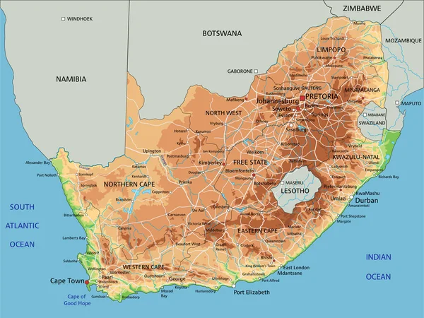 Etiketli Yüksek Detaylı Güney Afrika Fiziksel Haritası — Stok Vektör