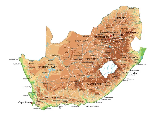 Carte Physique Détaillée Afrique Sud Avec Étiquetage — Image vectorielle