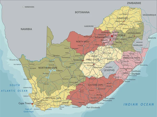 Detaillierte Politische Karte Südafrikas — Stockvektor