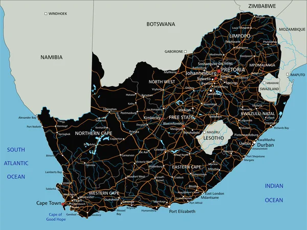 Υψηλός Λεπτομερής Χάρτης Πορείας Της Νότιας Αφρικής Σήμανση — Διανυσματικό Αρχείο