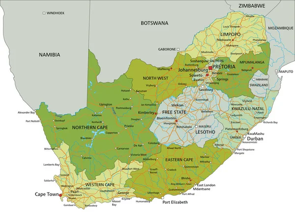 Vysoce Podrobná Upravitelná Politická Mapa Oddělenými Vrstvami Jižní Afrika — Stockový vektor