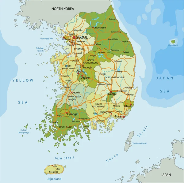 Ayrık Katmanlı Son Derece Detaylı Politik Harita Güney Kore — Stok Vektör