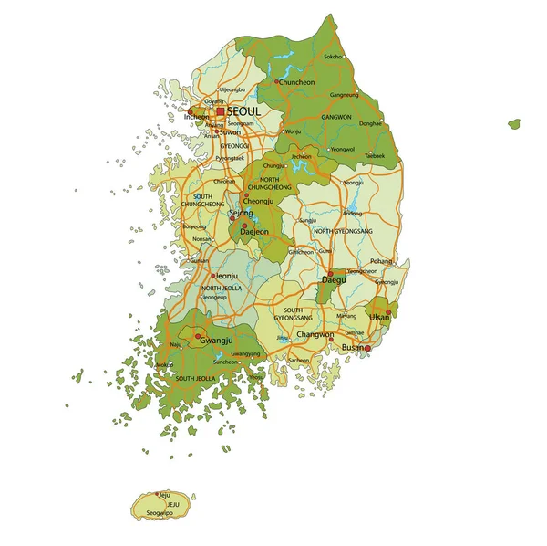 Bardzo Szczegółowa Edytowalna Mapa Polityczna Oddzielnymi Warstwami Korea Południowa — Wektor stockowy