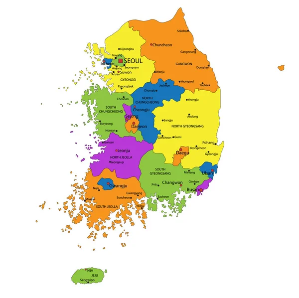 Kolorowa Mapa Polityczna Korei Południowej Wyraźnie Oznakowanymi Oddzielnymi Warstwami Ilustracja — Wektor stockowy
