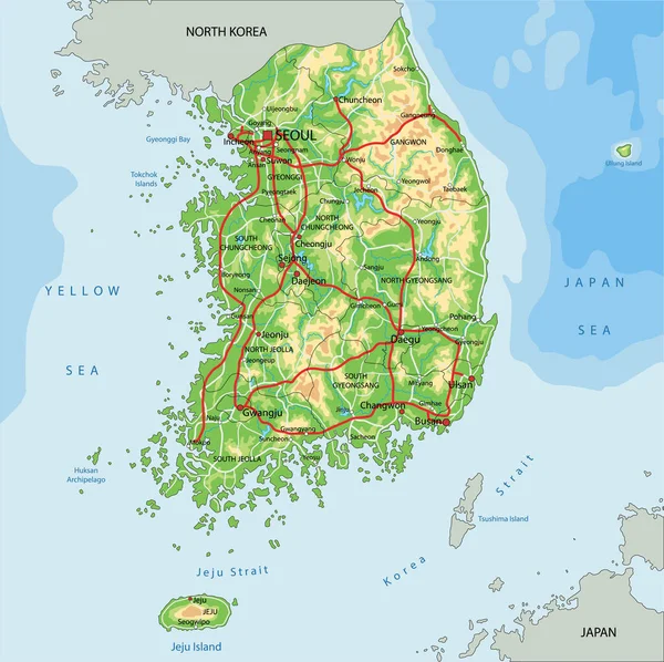 Wysoko Szczegółowa Mapa Fizyczna Korei Południowej Etykietami — Wektor stockowy