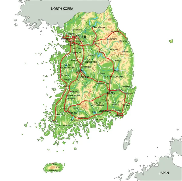 Vysoce Podrobná Jihokorejská Fyzická Mapa Označením — Stockový vektor