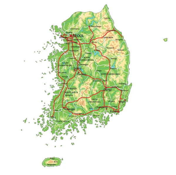 Wysoko Szczegółowa Mapa Fizyczna Korei Południowej Etykietami — Wektor stockowy