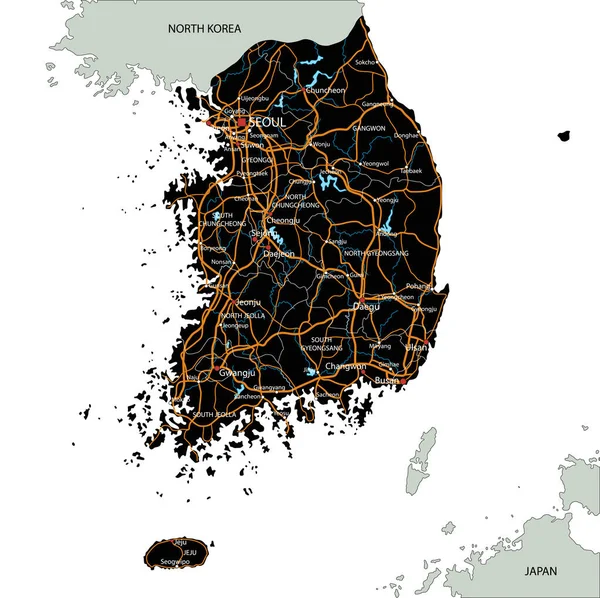 Hoja Ruta Corea Del Sur Detallada Con Etiquetado — Archivo Imágenes Vectoriales