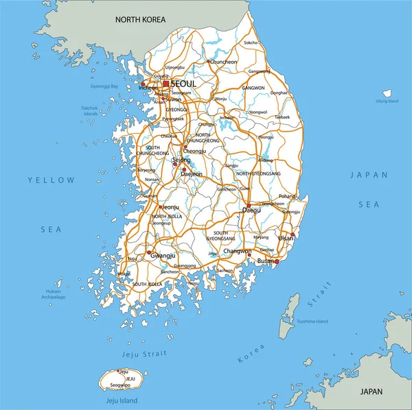 Etiketli Yüksek Detaylı Güney Kore Yol Haritası — Stok Vektör
