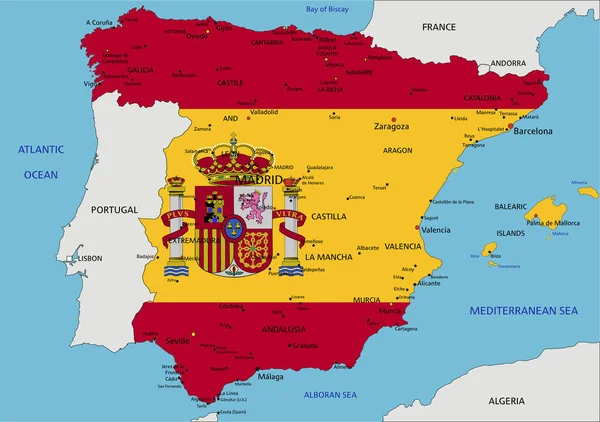 España Mapa Político Muy Detallado Con Bandera Nacional Aislada Sobre — Vector de stock