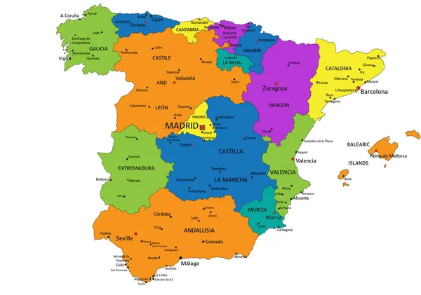 Colorido Mapa Político España Con Capas Claramente Etiquetadas Separadas Ilustración — Archivo Imágenes Vectoriales