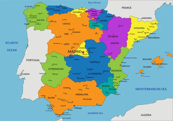 色彩斑斓的西班牙政治地图 有清晰的标签和分隔的层次 矢量说明 — 图库矢量图片