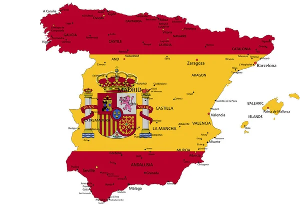 España Mapa Político Muy Detallado Con Bandera Nacional Aislada Sobre — Vector de stock