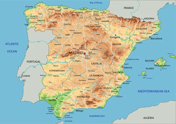 Mapa Físico Espanha Detalhado Com Rotulagem —  Vetores de Stock