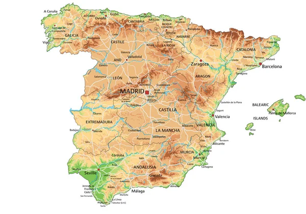 Velmi Podrobná Španělská Fyzická Mapa Označením — Stockový vektor