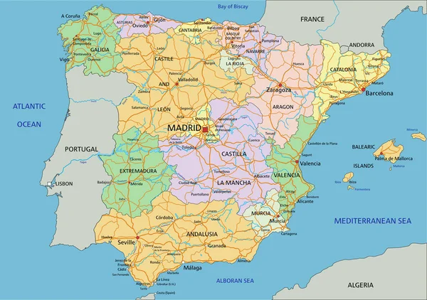 España Mapa Político Editable Altamente Detallado Con Etiquetado — Vector de stock