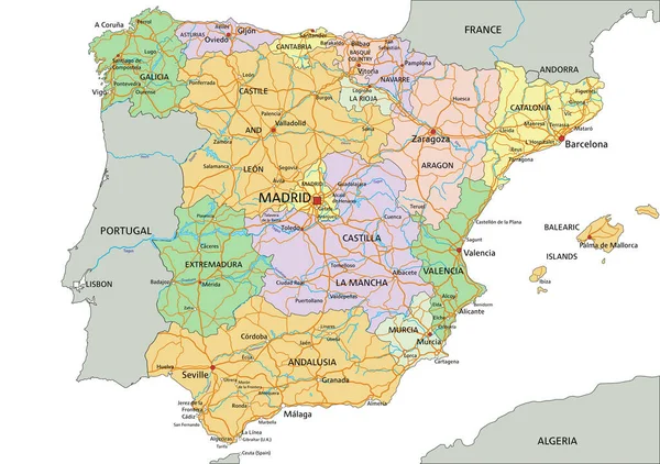 España Mapa Político Editable Altamente Detallado Con Etiquetado — Archivo Imágenes Vectoriales