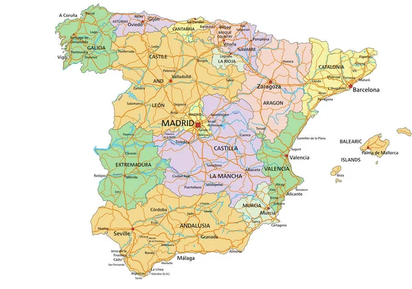 España Mapa Político Editable Altamente Detallado Con Etiquetado — Vector de stock